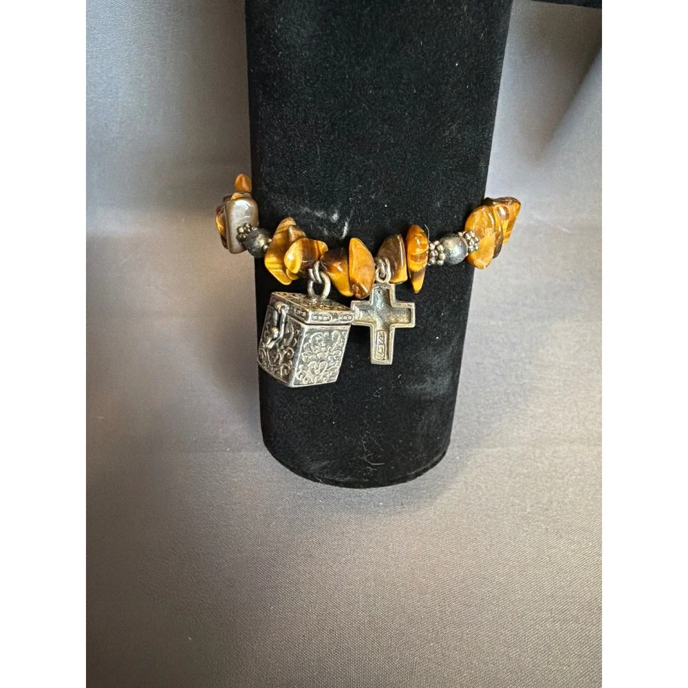 Tigers Eye Chip Bead Stretch Bracelet with Silver Prayer Box and Cross Charms